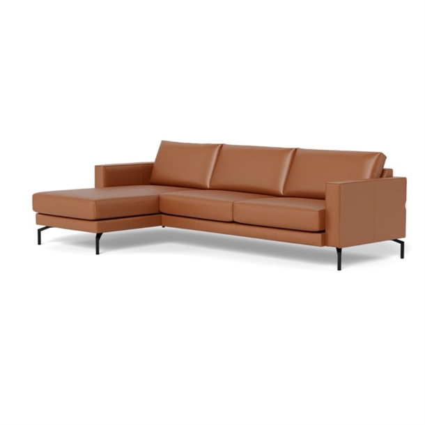Cannes Sofa Med Chaiselong Til Venstre - Set Forfra - 272 x 163 Cm. - Semianilin Læder Cognac - Stærk Pris