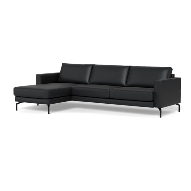 Cannes Sofa Med Chaiselong Til Venstre - Set Forfra - 272 x 163 Cm. - Semianilin Læder Sort - Stærk Pris