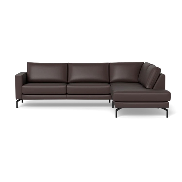 Cannes Sofa Med Open End / Højre - Set Forfra - 267 x 197 Cm. - Semianilin Læder Mørke Brun - Stærk Pris