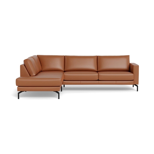 Cannes sofa med open end - 267 x 197 cm. - Semianilin læder Cognac - Stærk Pris