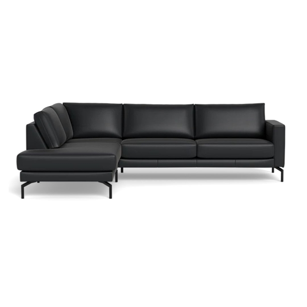 Cannes sofa med open end - 267 x 197 cm. - Semianilin læder Sort - Stærk Pris 