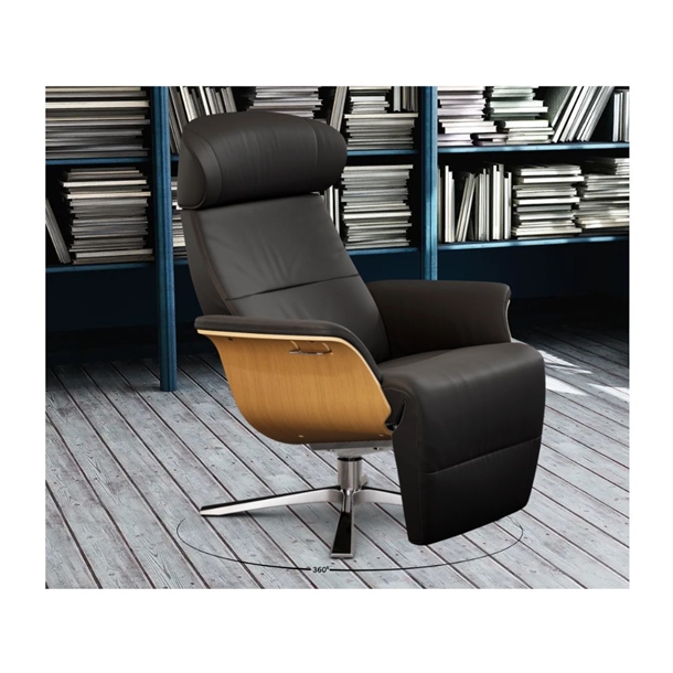 Conform - Timeout lænestol med indbygget skammel - Sort læder / Eg