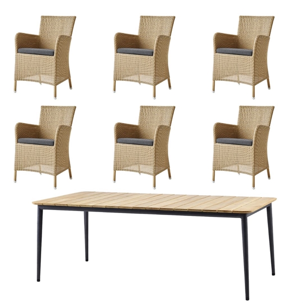 Cane Line havemøbelsæt - Core bord 210x90 & 6 Hampsted stole - Med Hynder