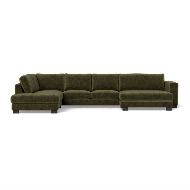 Halifax sofa med chaiselong til Højre - Set forfra og open end - 397 x 228 cm. - Alis stof Grøn 
