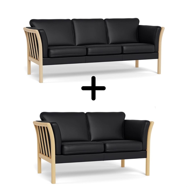 Rosenholm 3 + 2 pers. Tremmesofa - Sort læder Bonded