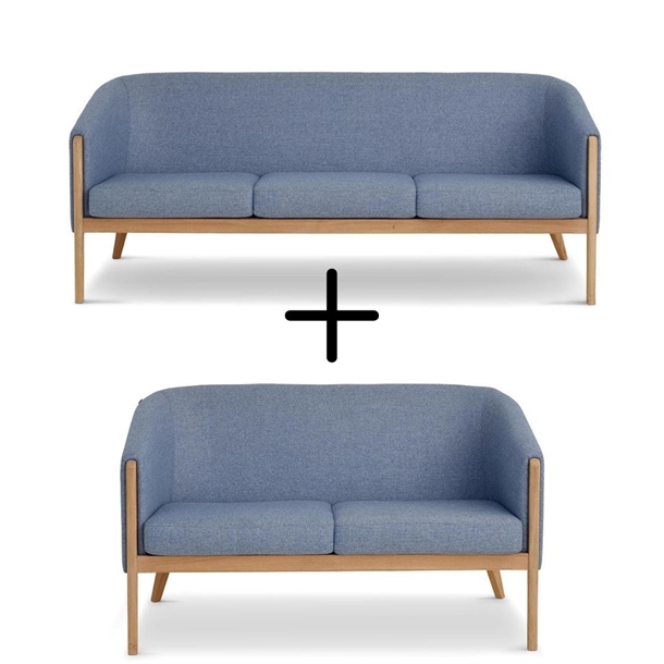 Skalma - Mexico sofasæt 2 + 3 pers. / Blå uldstof / Stel eg - Bredde 133 cm og 193 cm.