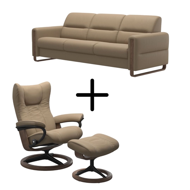 Stressless kombinations-sæt - Wing lænestol med skammel + 3 pers. Fiona sofa - Paloma læder Funghi