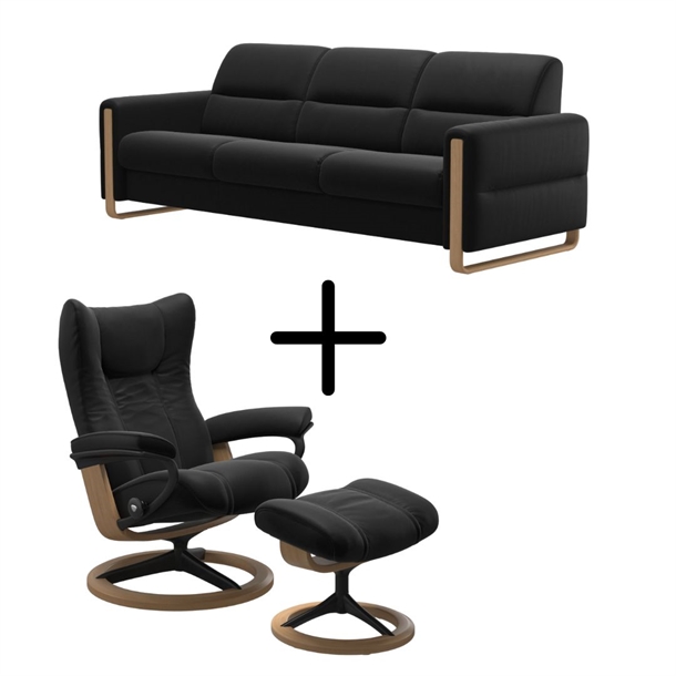 Stressless kombinations-sæt - Wing lænestol med skammel + 3 pers. Fiona sofa - Sort Paloma læder