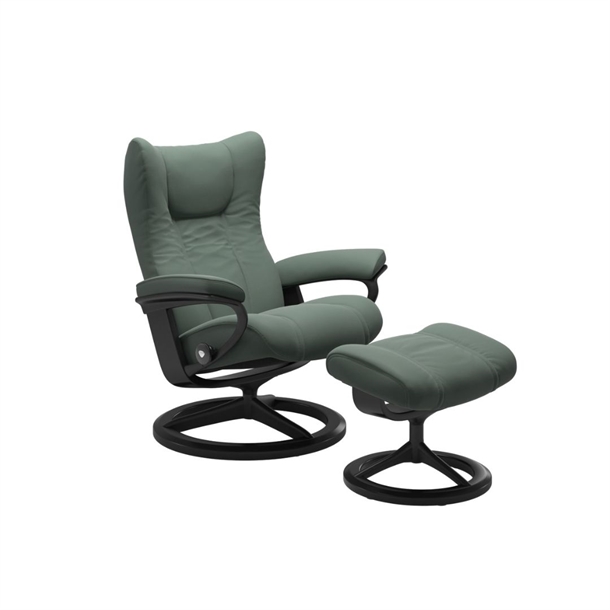 Stressless Wing lænestol + skammel - Læder Paloma Sage Green - Signature stel