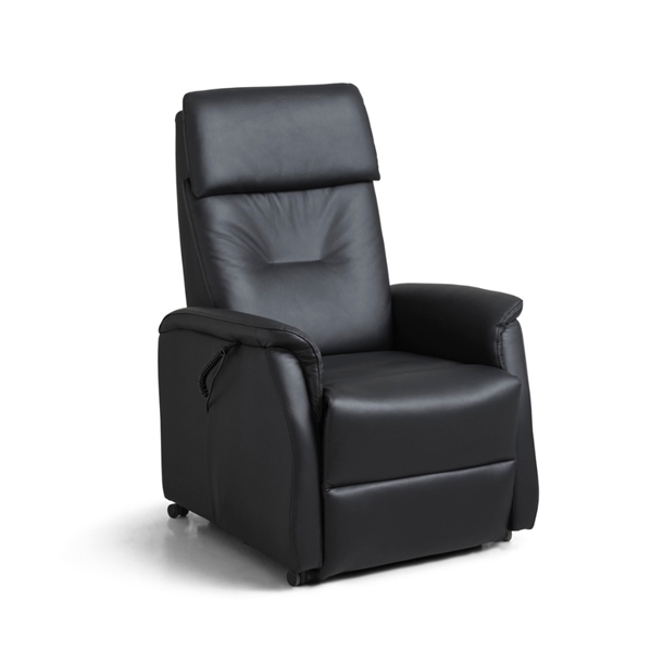 Alexander løftestol m/ recliner - Sort læder/PVC - Hjul på benene