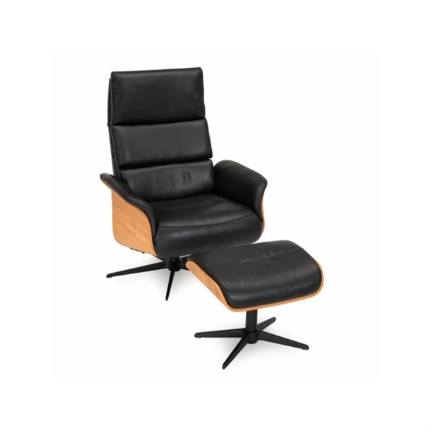 Bologna lænestol INKL. skammel - Sort semi/semi anilin læder - Eg olie 