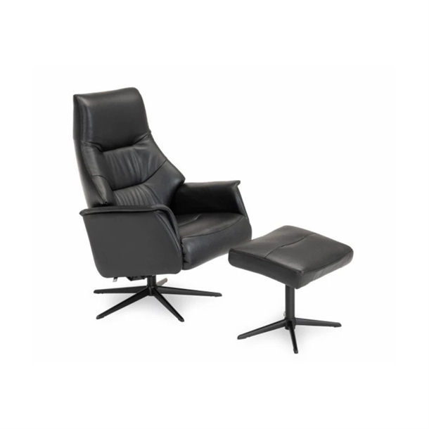 CAPRI LÆNESTOL MED SKAMMEL - SORT SEMIANILIN LÆDER - SORT SOKKEL