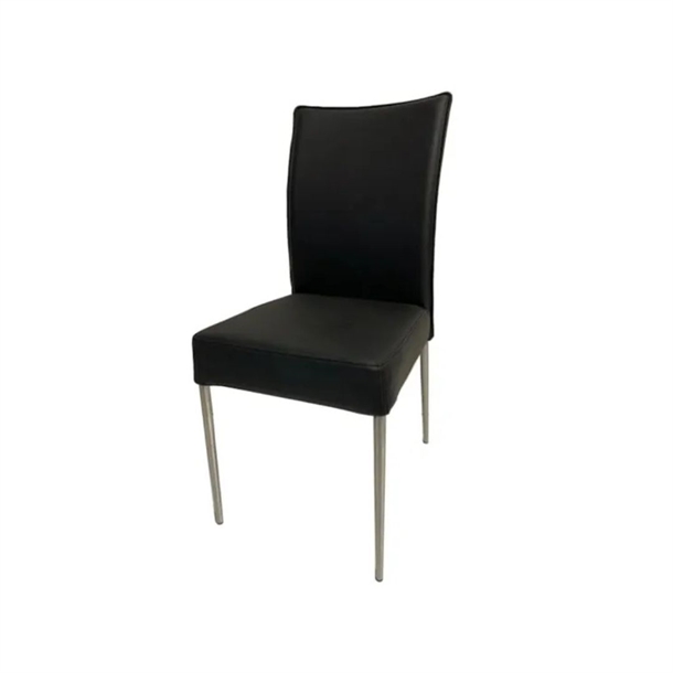 CILLE -SPISEBORDSSTOL - SORT LÆDER - BØRSTET STÅL - STÆRK PRIS