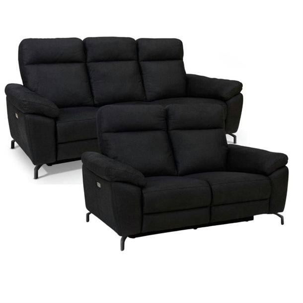 DALLAS 3+2 PERS. SOFAER MED 4 EL-RECLINER - SORT MIKROFIBER - SORTE STÅLBEN