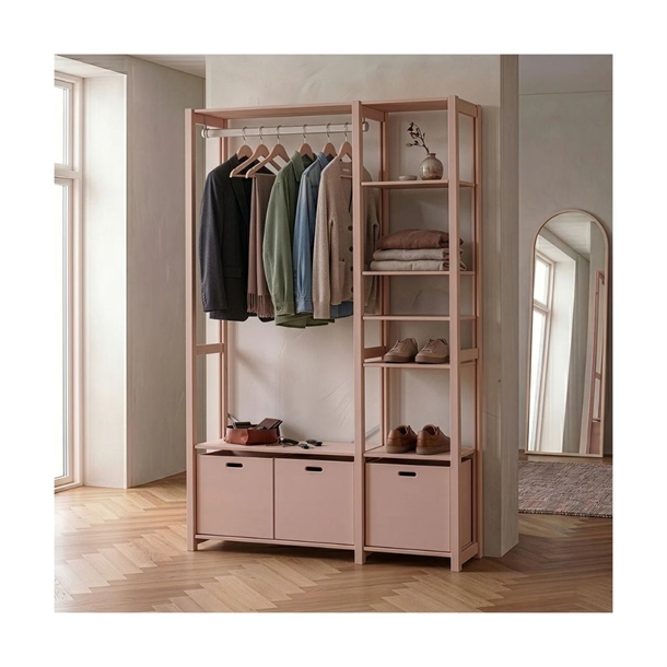 Elsø reol m/ 3 opbevaringskasser - Blush - Mål: B125 x H179 x D39 cm.