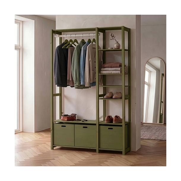 Elsø reol m/ 3 opbevaringskasser - Olive - Mål: B125 x H179 x D39 cm.