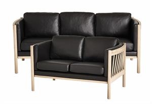 Fanø 3+2 pers. sofa - Tremmesofa i sort læder - Stel i eg