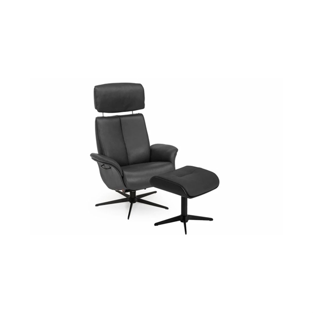 GLOBAL COMFORT VENTURA - LÆNESTOL INKL. FODSKAMMEL - SORT SEMIANILIN LÆDER - STÆRK PRIS