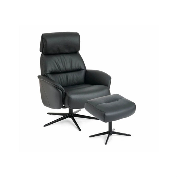 GROSSETO LÆNESTOL INKL. SKAMMEL - SORT LÆDER - SORT SOKKEL - STÆRK PRIS