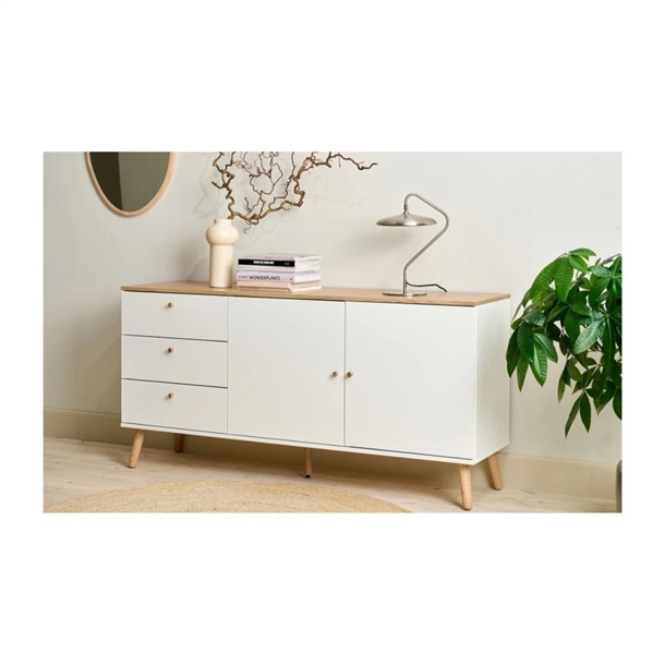 HUB SKÆNK 1675 - 3 SKUFFER & 2 LÅGER - HVID/EGEFINÉR - MÅL: 162 X 80 X 43 CM.