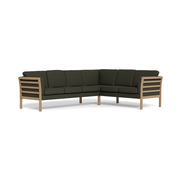 Kronborg hjørnesofa - Massiv eg oliebehandlet - Austin grøn stof - Mål: 260 x 208 cm.