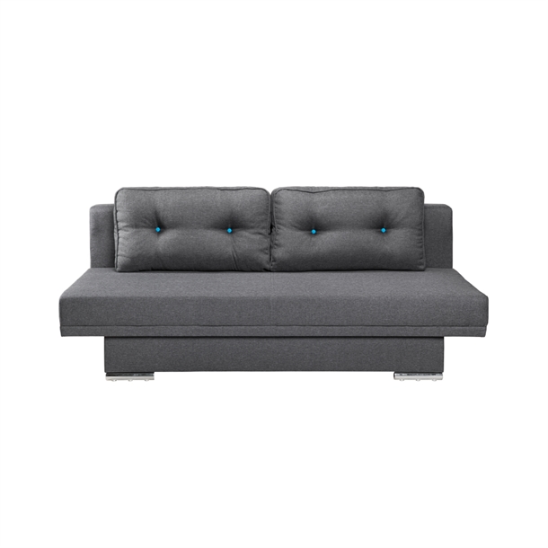 Miki sovesofa m/ opbevaring - Grå stof - Blå knapper - Sovemål: 200 x 150 cm.