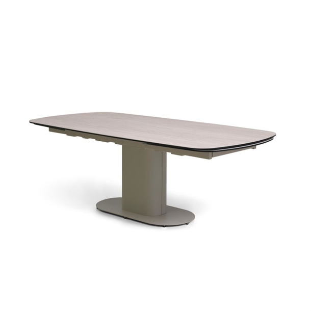 Santee spisebord m/ hollandsk udtræk - Travertin keramik - Beige metal stel - Mål: 108 x 220 / 320 cm.