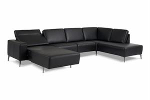 Solution sofa med open end og chaiselong - Sort læder - Med sove funktion