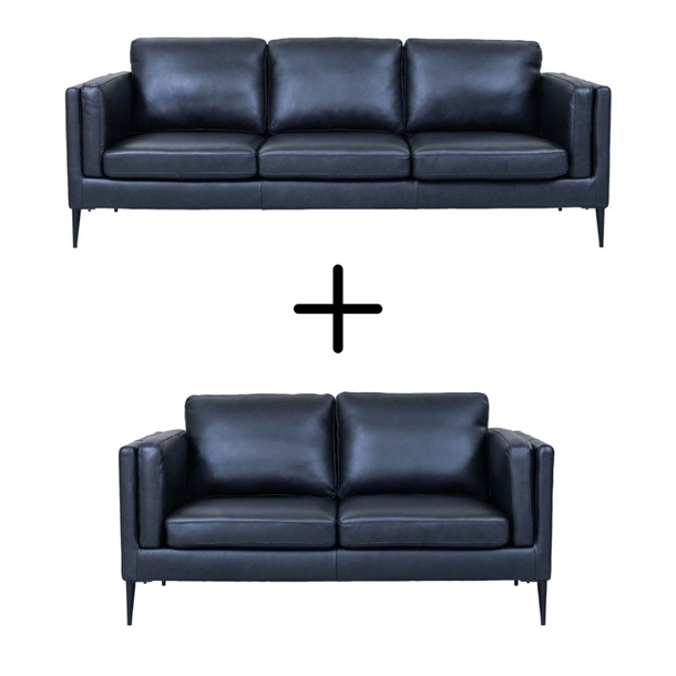 Valencia 3+2 pers. sofasæt - Sort okselæder - Metalben - Mål: 220 x 157 cm.