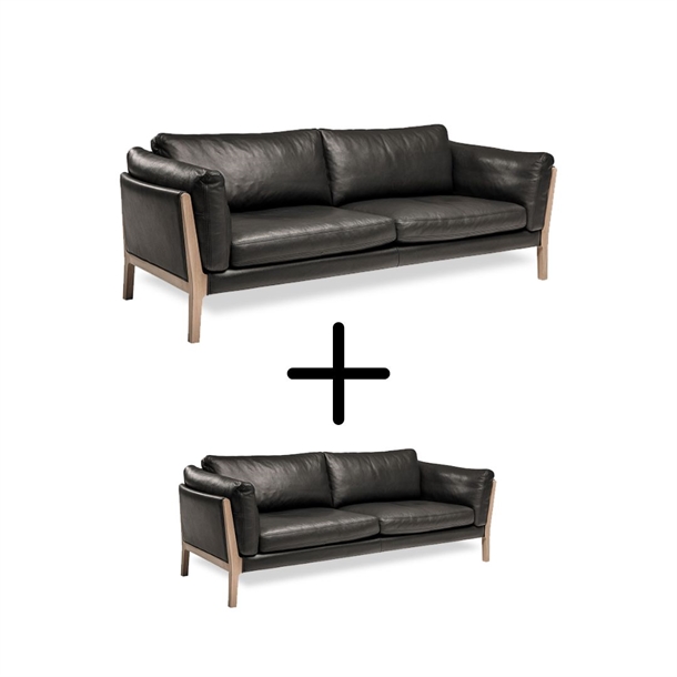 ZARA - 2,5+3 PERS. SOFASÆT - SORT SEMIANILIN LÆDER - MÅL: 168 X 215 CM.